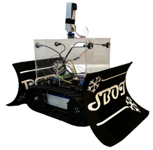 Snow SBOT robot prototype with tracked wheels, snowplow blades, and an onboard electronics enclosure with camera arm